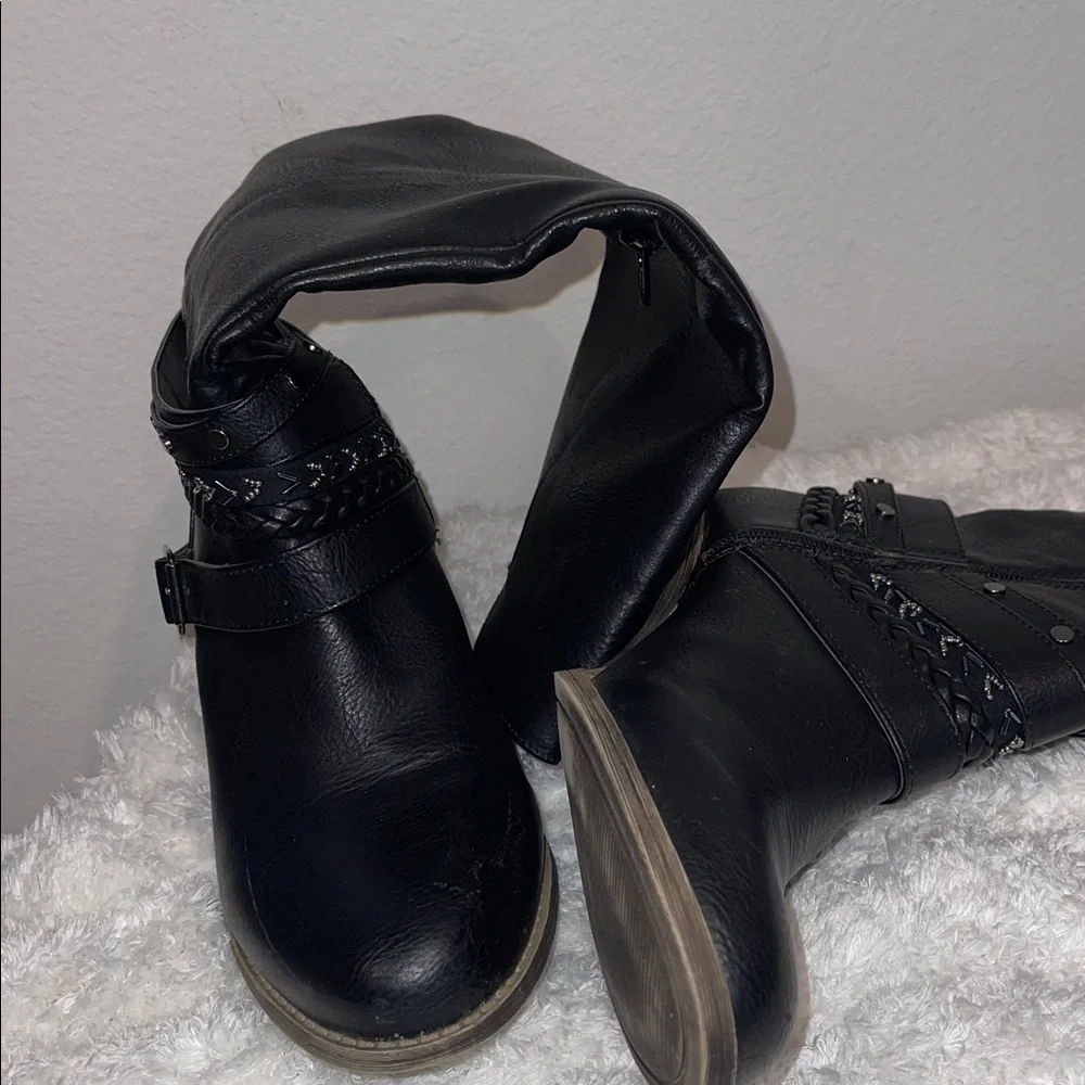Black Knee-High Riding Boots with Buckle & Braided Strap